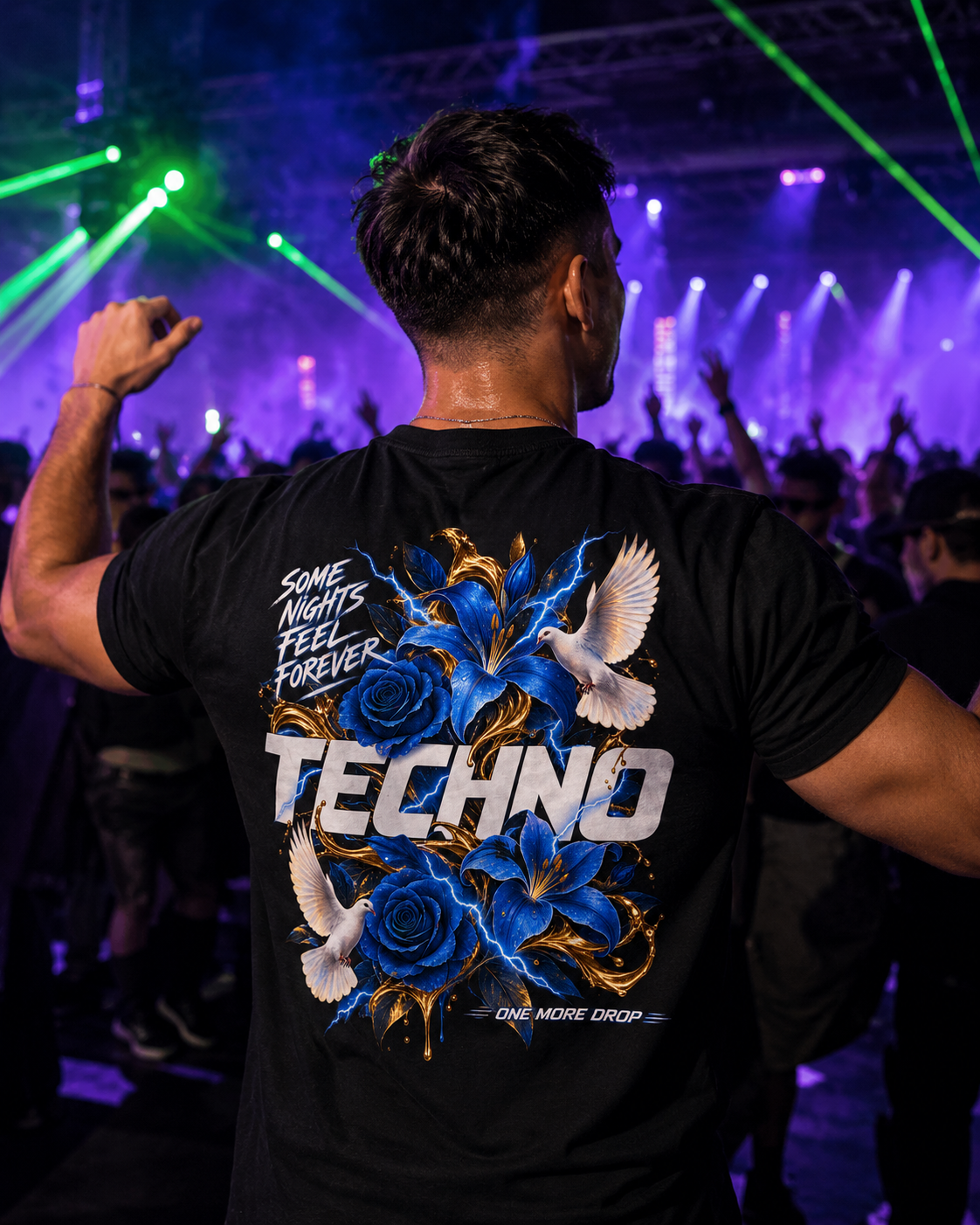 Some Nights Feel Forever - schwarzes Unisex-Shirt getragen auf dem Rave