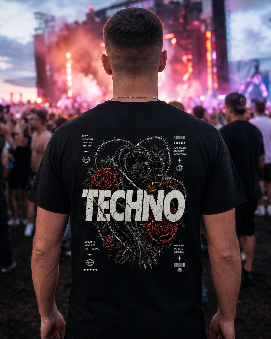 Techno Panther Unisex Shirt in Schwarz, getragen am Rave - Backprint