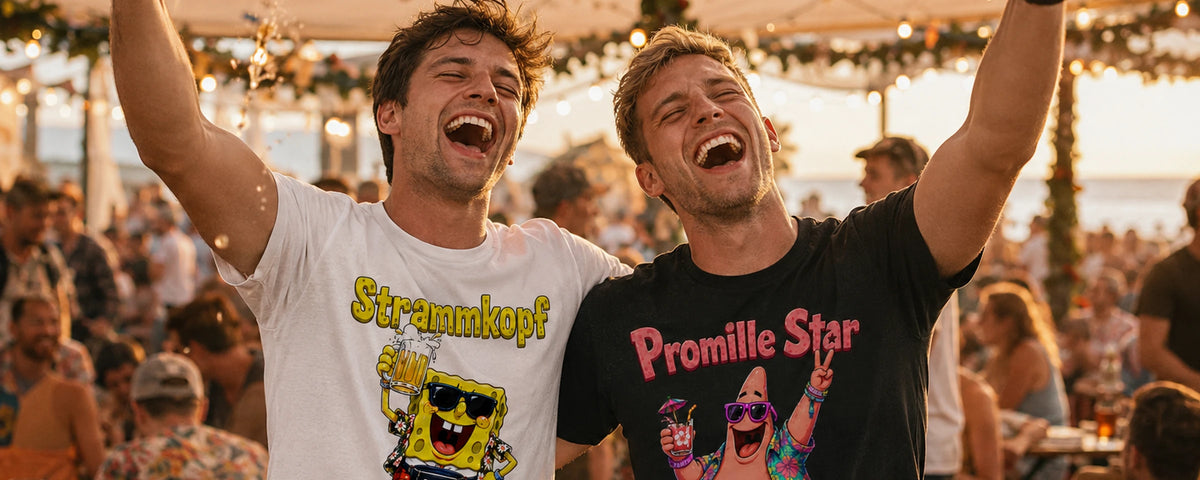 Zwei lachende Maenner mit Bierkruegen und den Shirts Strammkopf und Promille Star auf einer Strandparty