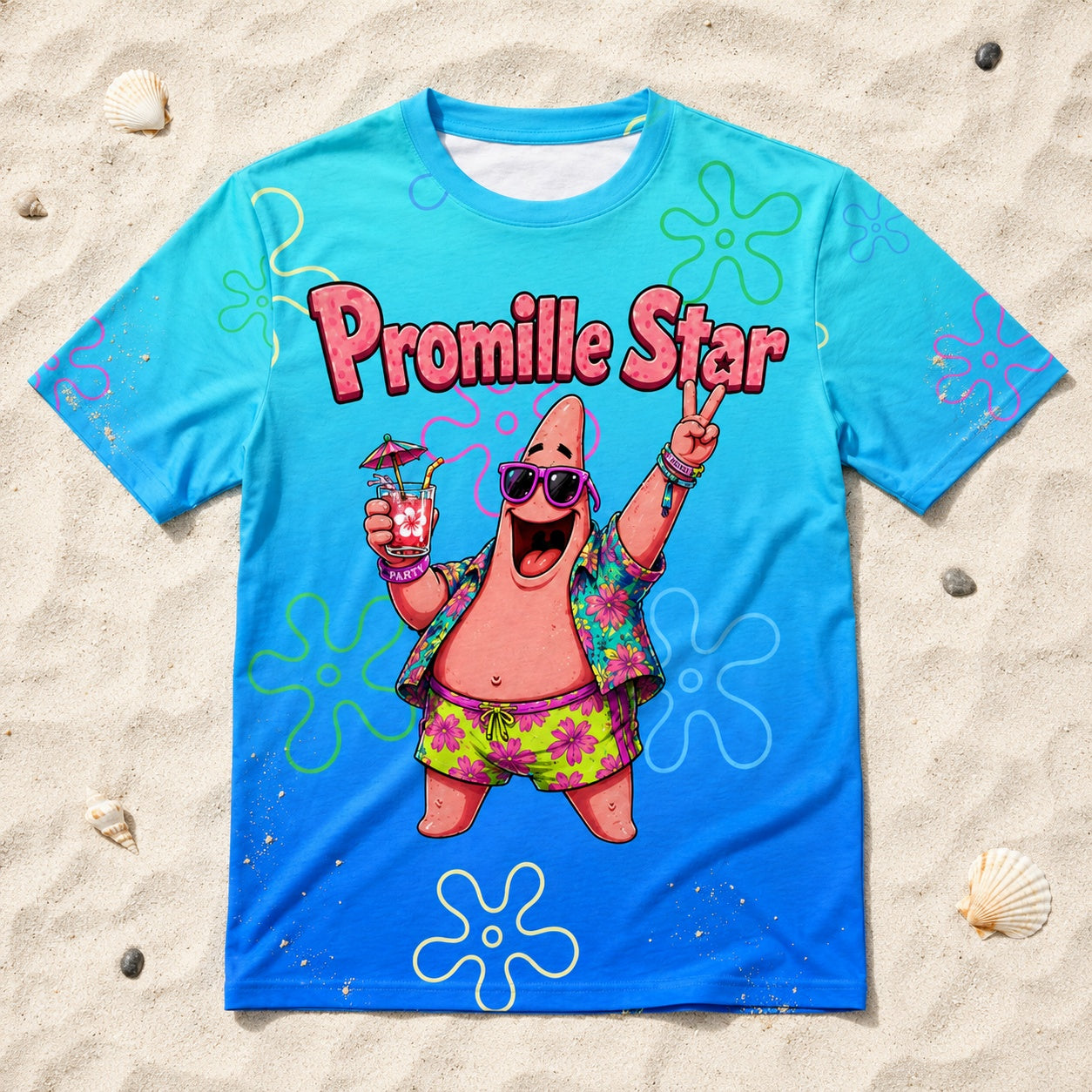 Promille Star Alloverprint T-Shirt - All-Over-Print T-Shirt flach im Strandsand liegend