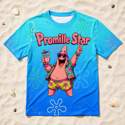Promille Star Alloverprint T-Shirt - All-Over-Print T-Shirt flach im Strandsand liegend