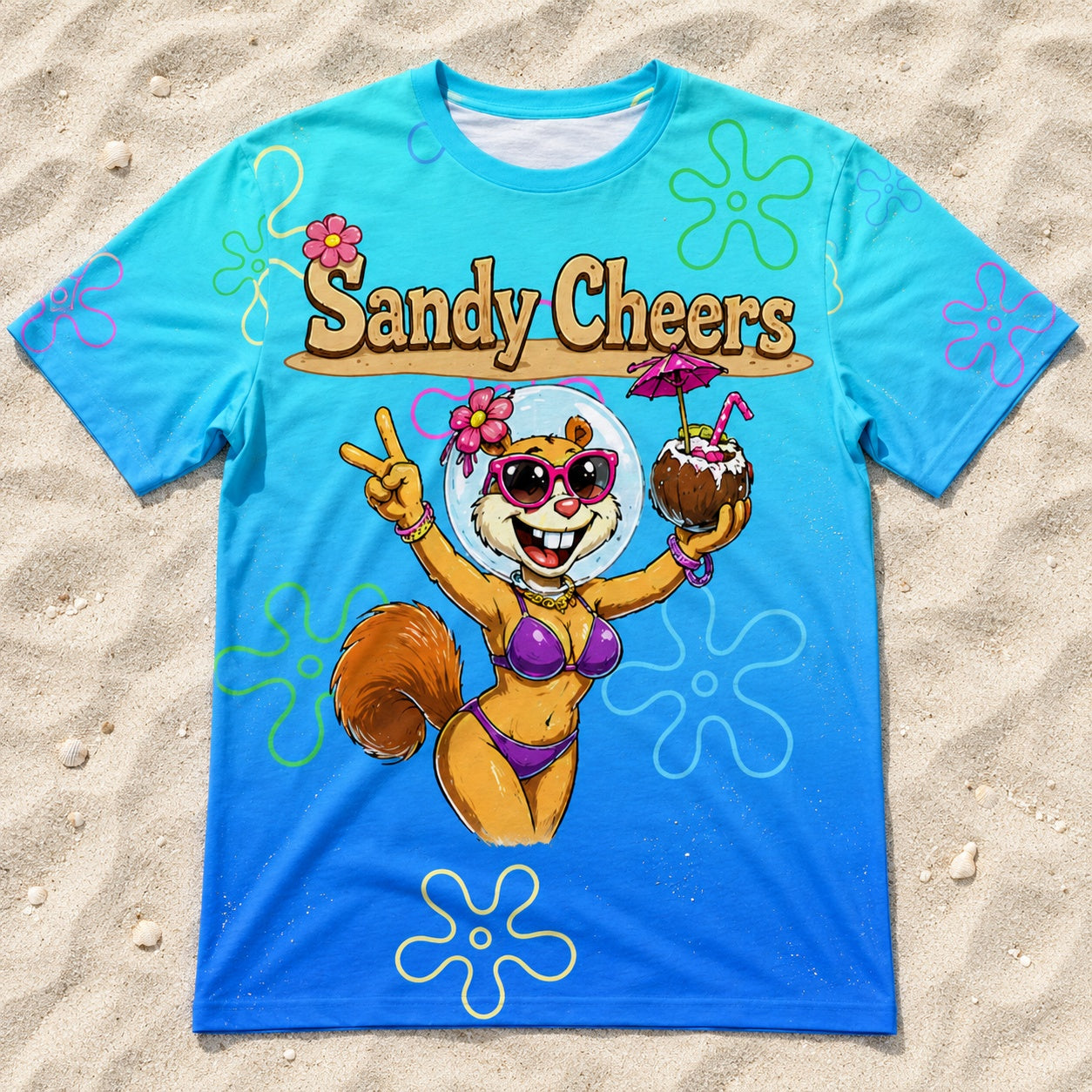 Sandy Cheers Alloverprint T-Shirt - All-Over-Print T-Shirt flach im Strandsand liegend