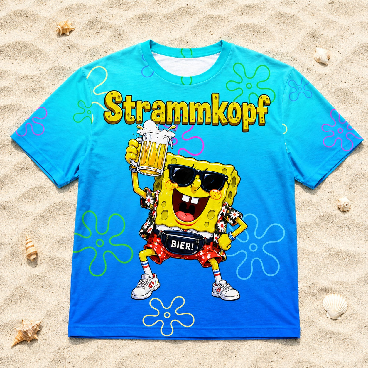 Strammkopf Alloverprint T-Shirt - All-Over-Print T-Shirt flach im Strandsand liegend