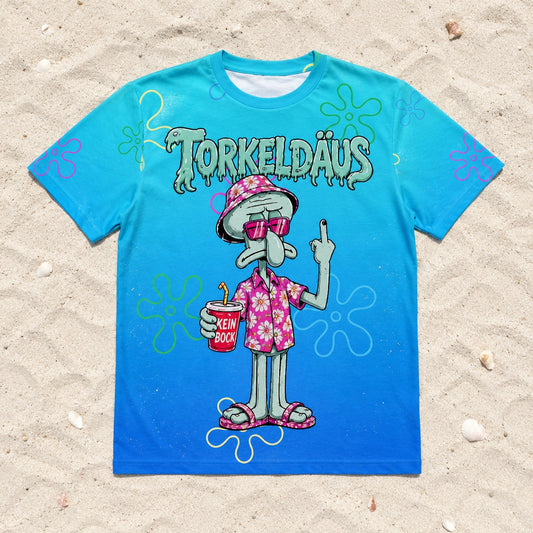 Torkeldaeus Alloverprint T-Shirt - All-Over-Print T-Shirt flach im Strandsand liegend