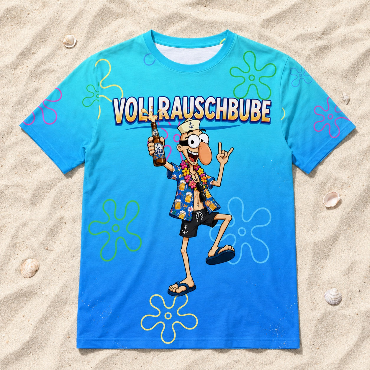 Vollrauschbube Alloverprint T-Shirt - All-Over-Print T-Shirt flach im Strandsand liegend