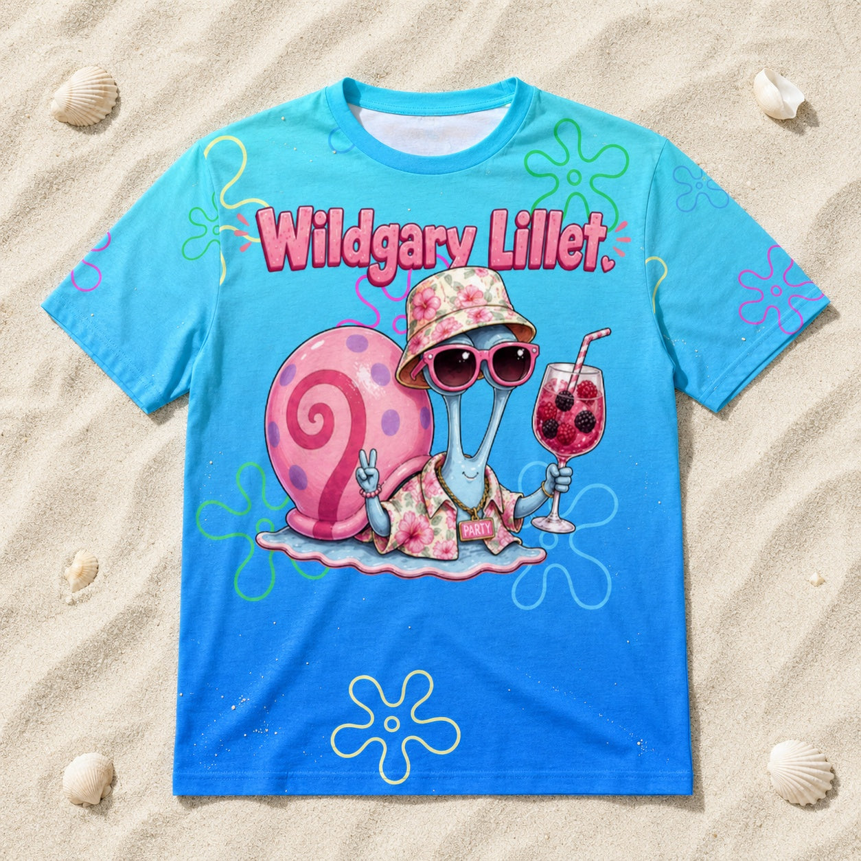 Wildgary Lillet Alloverprint T-Shirt - All-Over-Print T-Shirt flach im Strandsand liegend