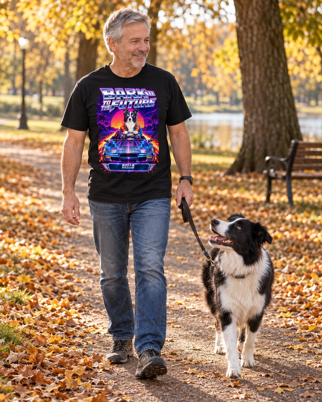 Bark to the Future Shirt beim Gassi - Mann mit Border Collie BELLO