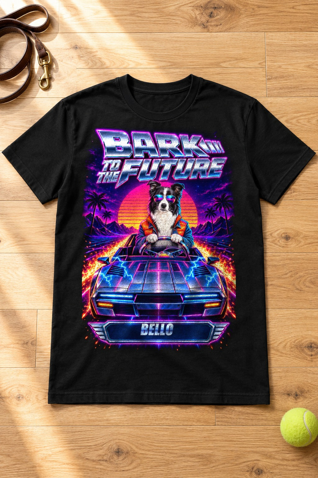 Bark to the Future Shirt - Synthwave-Design mit Hund im Cabrio, Name im Schild 