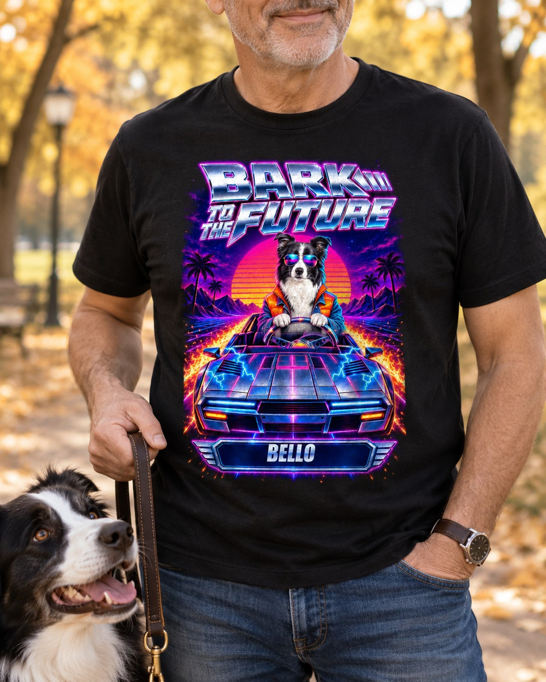 Bark to the Future Shirt nah - Mann mit Border Collie BELLO