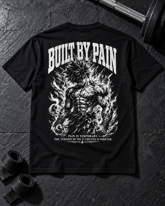 Built By Pain Unisex Shirt - Flat-Lay auf Schieferboden mit Langhantel und Zughilfen