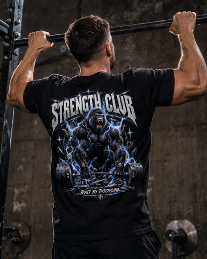 Gorilla-Stärkeclub mit elektrischer Kraft Shirt Unisex - schwarzes Unisex-Shirt getragen im Gym