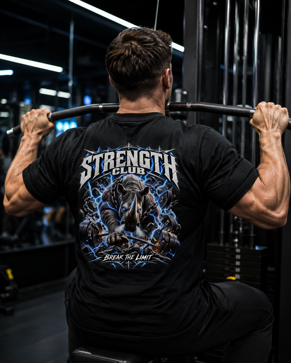 Stärkeclub: Nashorn durchbricht Grenzen Shirt Unisex - schwarzes Unisex-Shirt getragen im Gym