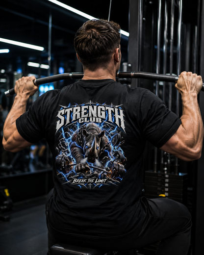 Stärkeclub: Nashorn durchbricht Grenzen Shirt Unisex - schwarzes Unisex-Shirt getragen im Gym