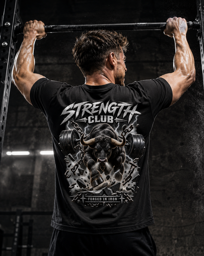 Strength Club Bull Shirt Unisex - schwarzes Unisex-Shirt getragen im Gym