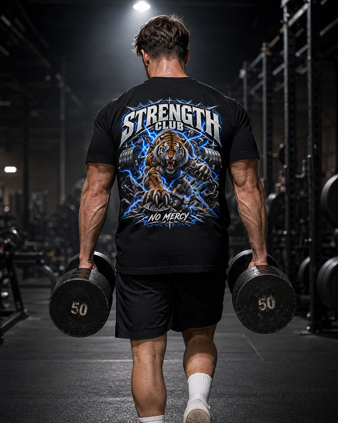 Stärkeclub Tiger Shirt Unisex - schwarzes Unisex-Shirt getragen im Gym