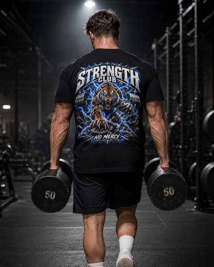 Stärkeclub Tiger Shirt Unisex - schwarzes Unisex-Shirt getragen im Gym