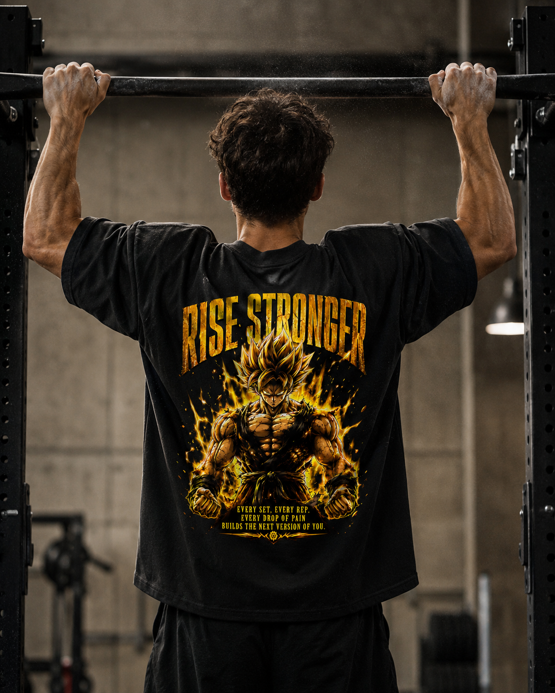 Rise Stronger Oversized Shirt - schwarzes Oversized-Shirt getragen im Gym