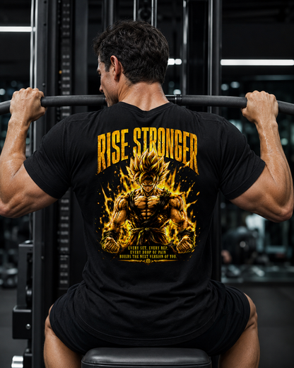 Rise Stronger Unisex Shirt - schwarzes Unisex-Shirt getragen im Gym