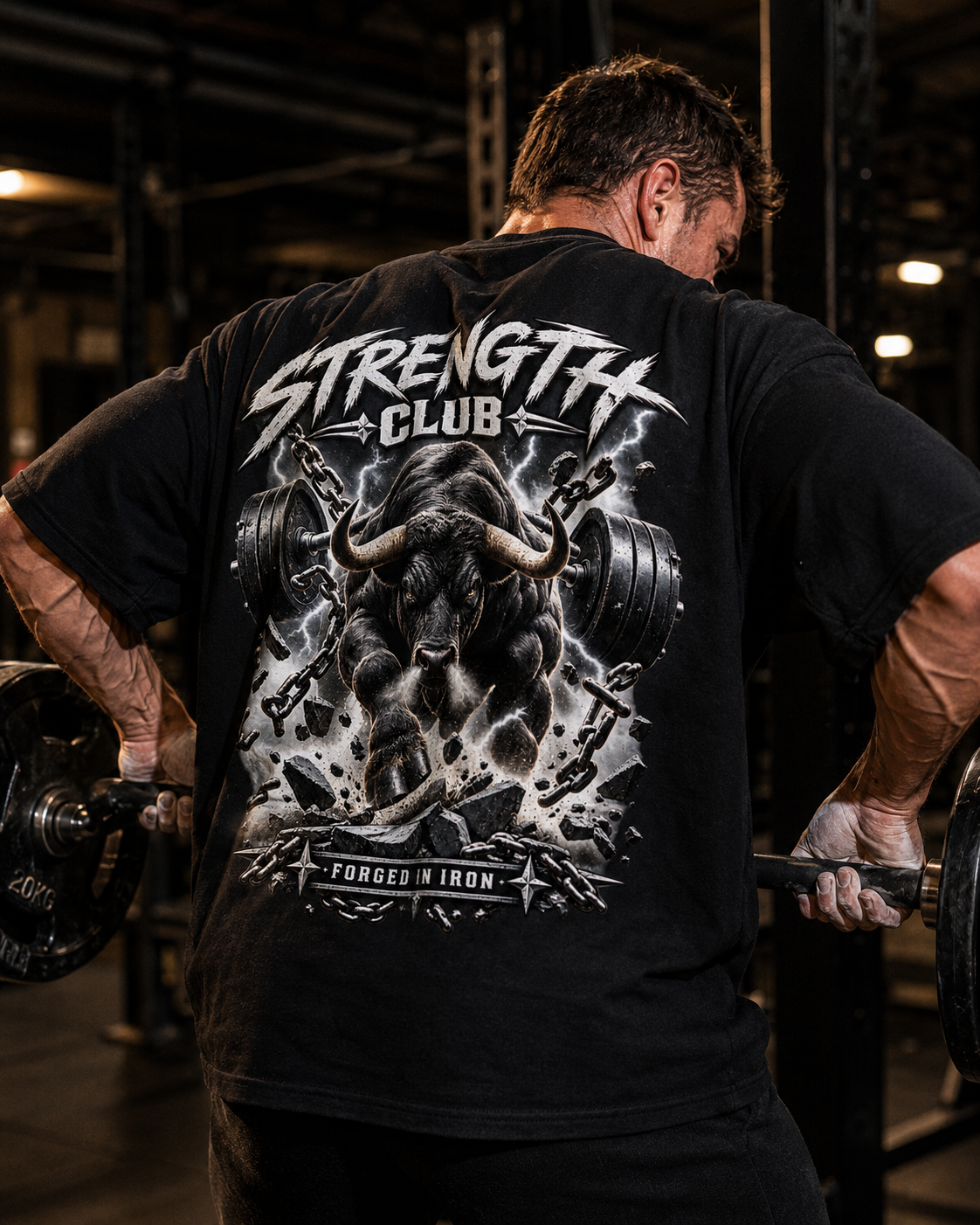 Strength Club Bulle Oversized Shirt – schwarzes Oversized-Shirt mit Rückenprint, getragen im Gym