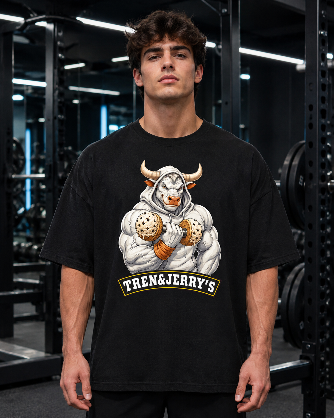 TREN&JERRY'S Muskelgenuss Oversized Shirt in Schwarz, getragen im Gym - Oversized Fit mit Print