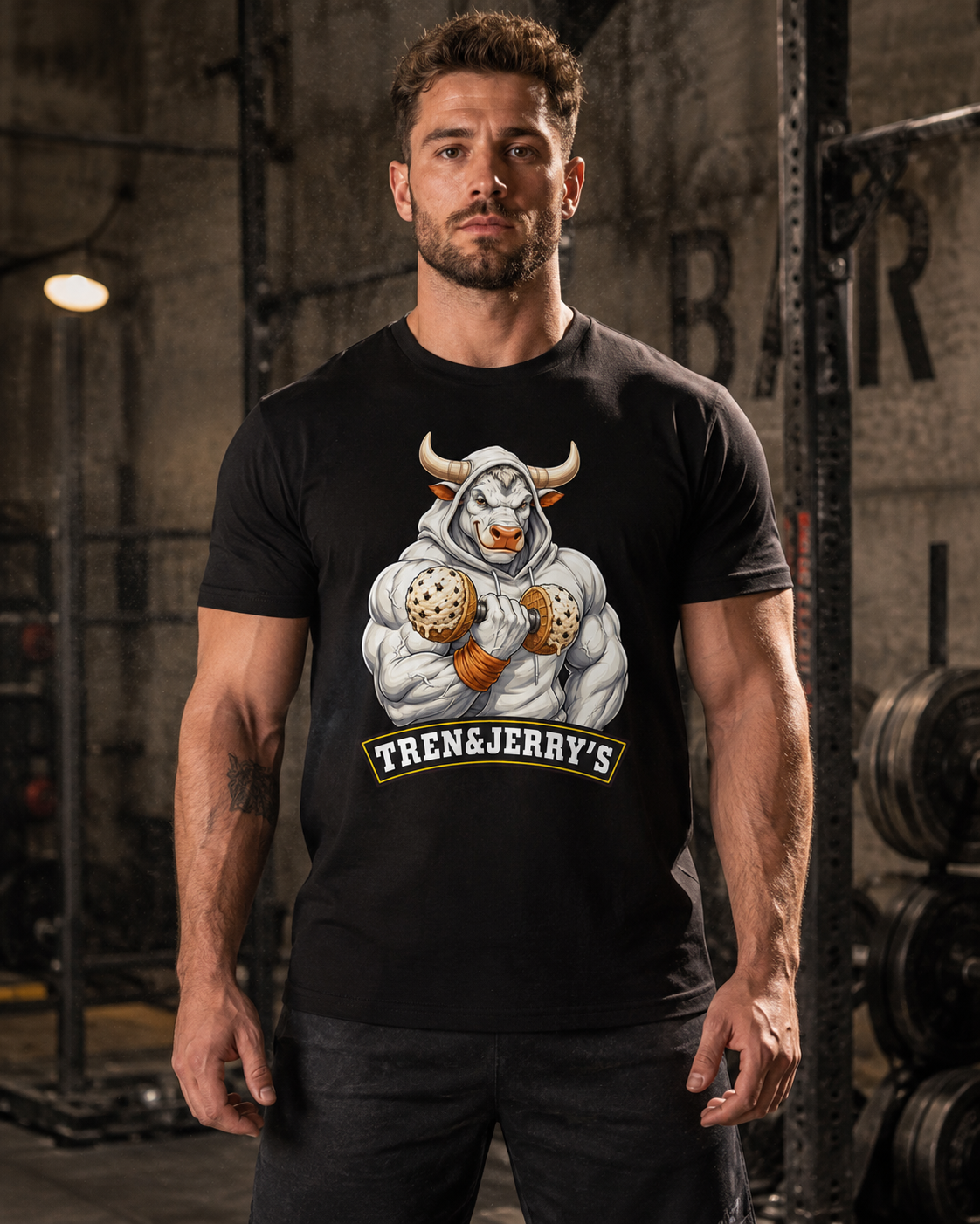 TREN&JERRY'S Muskelgenuss Unisex Shirt in Schwarz, getragen im Gym - klassischer Schnitt mit Print