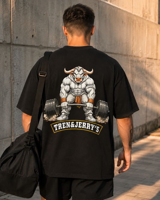 Tren & Jerrys Deadlift Oversized Shirt - schwarzes Oversized-Shirt getragen im Gym