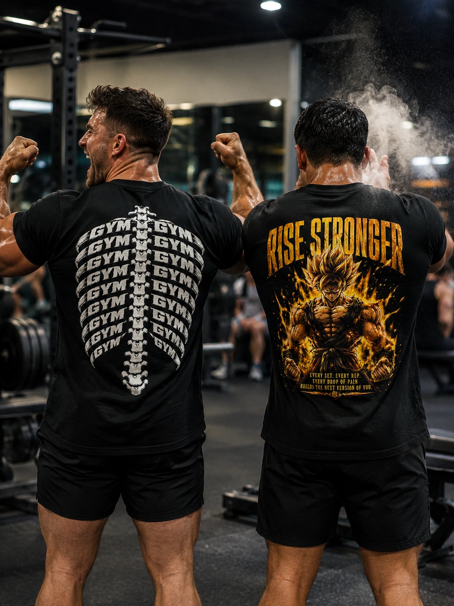 Zwei Athleten im Gym von hinten mit den Shirts Gym Skeleton und Rise Stronger, Chalk-Wolke