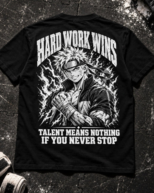 Hard Work Wins Unisex Shirt Rueckenansicht Flat-Lay