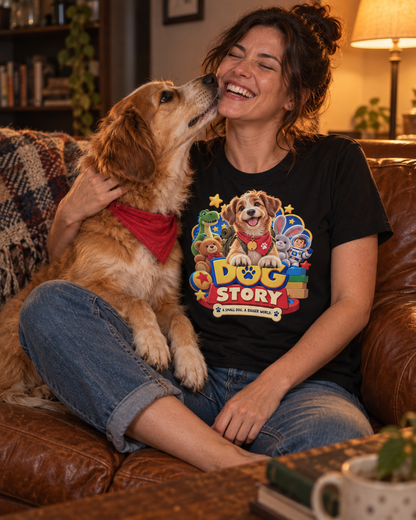 Frau mit Hund auf dem Sofa, schwarzes T-Shirt mit personalisiertem Hunde-Design