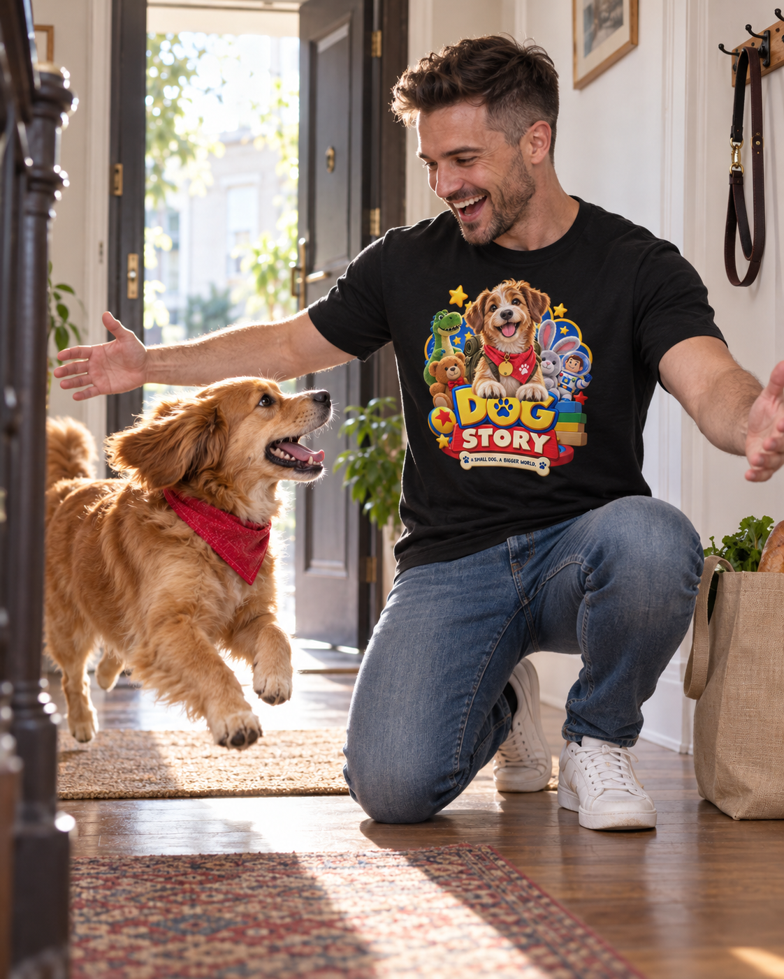 Mann begruesst seinen Hund an der Haustuer, schwarzes T-Shirt mit personalisiertem Hunde-Design