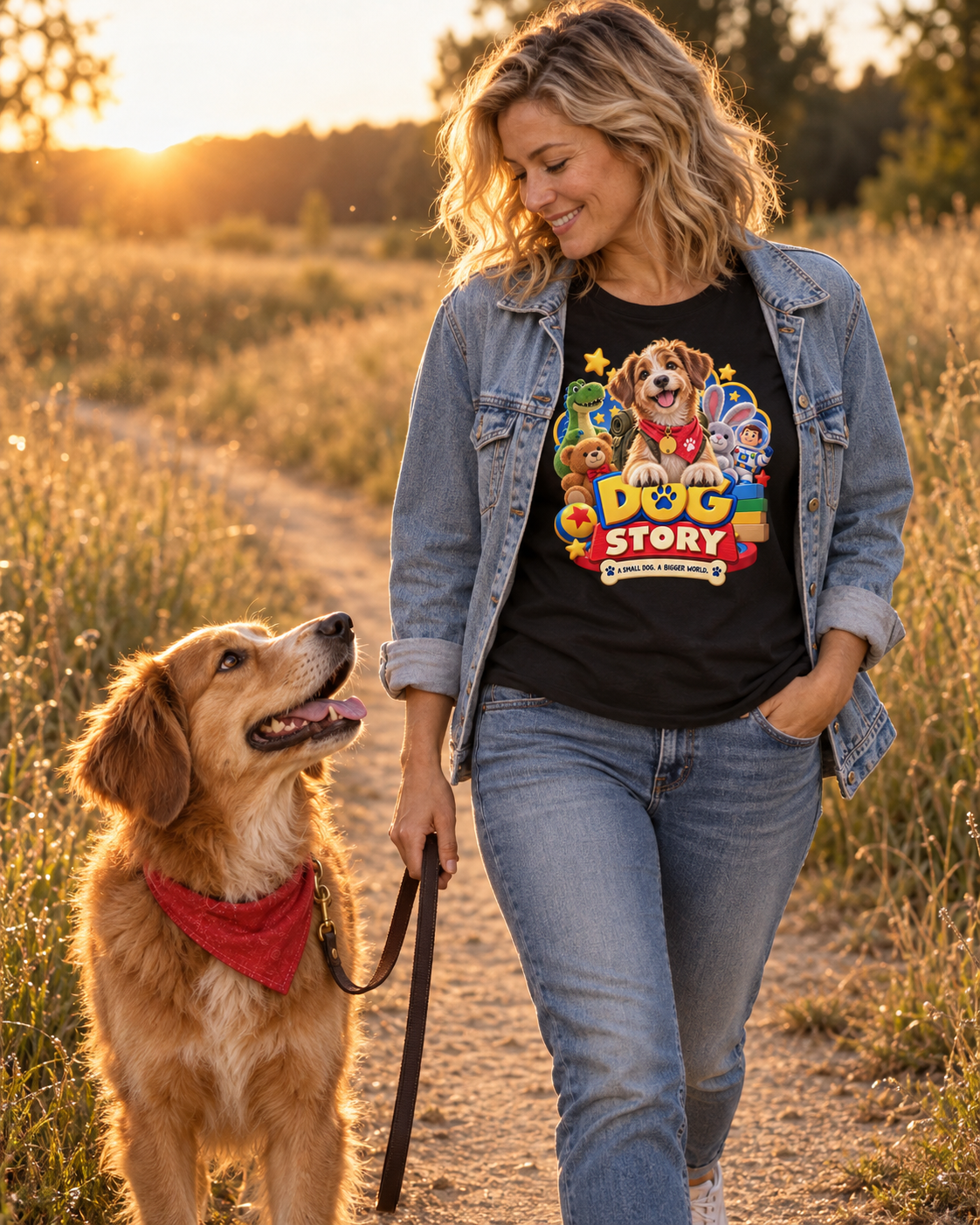 Frau geht mit ihrem Hund ueber einen Feldweg im Sonnenuntergang, schwarzes T-Shirt mit personalisiertem Hunde-Design