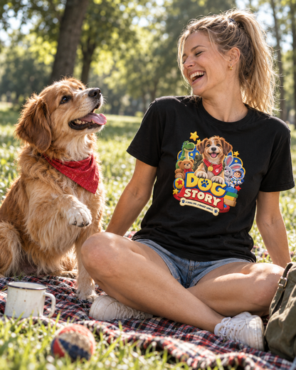 Frau sitzt beim Picknick auf einer Wiese neben ihrem Hund, schwarzes T-Shirt mit personalisiertem Hunde-Design