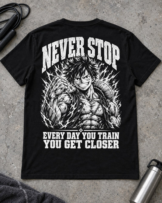 Never Stop Unisex Shirt Rueckenansicht Flat-Lay