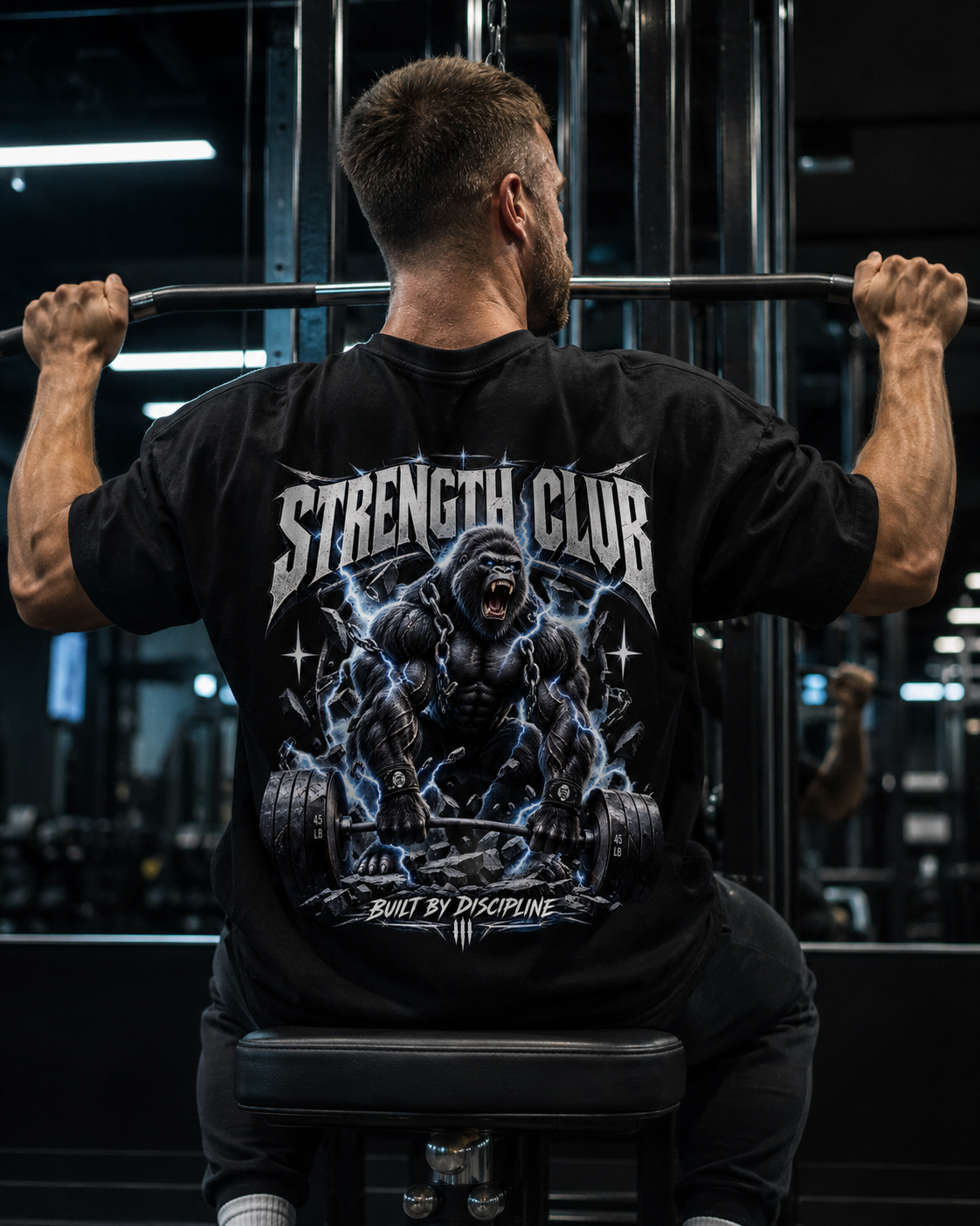 Gorilla-Stärkeclub mit elektrischer Kraft Oversized Shirt - schwarzes Oversized-Shirt getragen im Gym