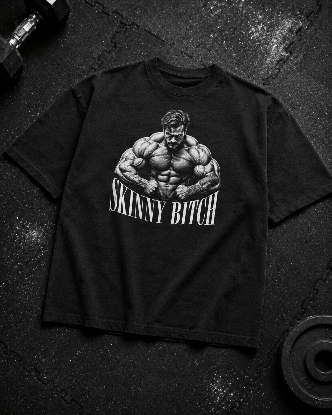 Skinny Bitch Oversized Shirt - schwarzes Oversized-Shirt mit Frontprint, Flat-Lay auf Gym-Boden