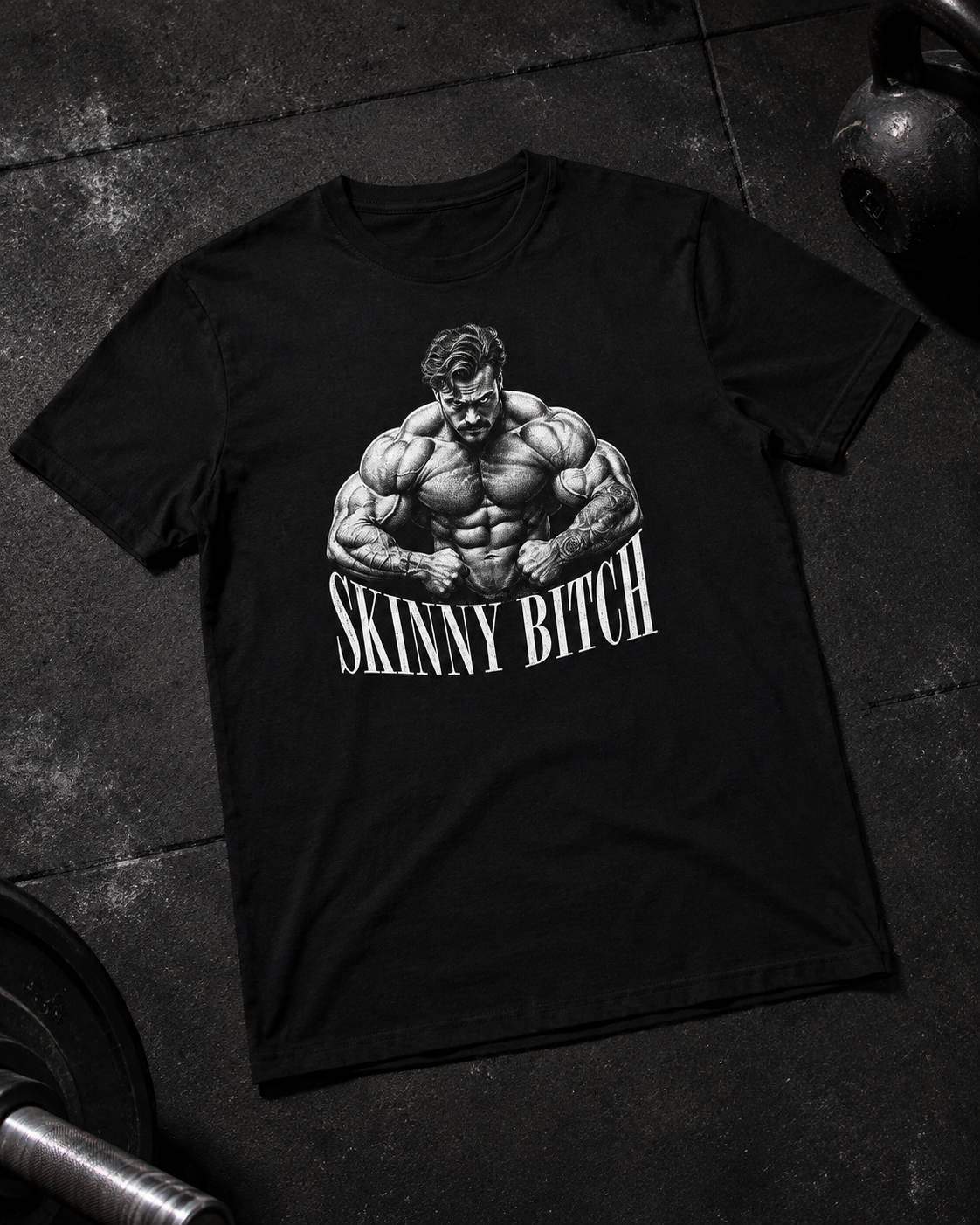 Skinny Bitch Unisex Shirt - schwarzes Unisex-Shirt mit Frontprint, Flat-Lay auf Gym-Boden