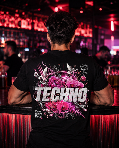 Neon Techno Explosion Shirt Unisex - schwarzes Unisex-Shirt getragen auf dem Rave