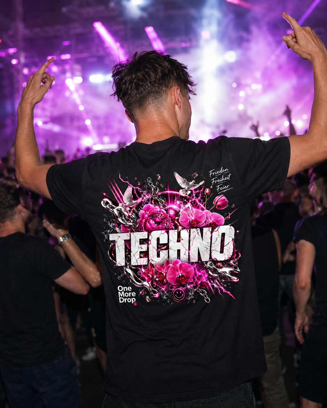 Neon Techno Explosion Shirt Unisex - schwarzes Unisex-Shirt getragen auf dem Rave