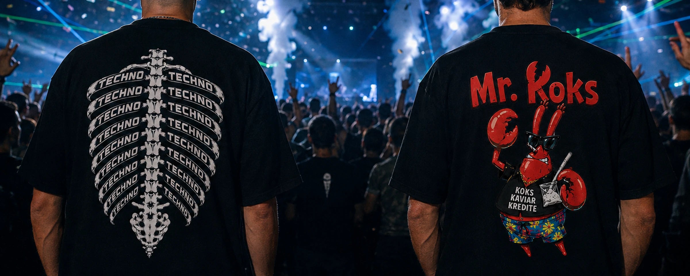 Zwei Raver von hinten vor der Buehne mit den Shirts Techno-Skelett und Mr Koks